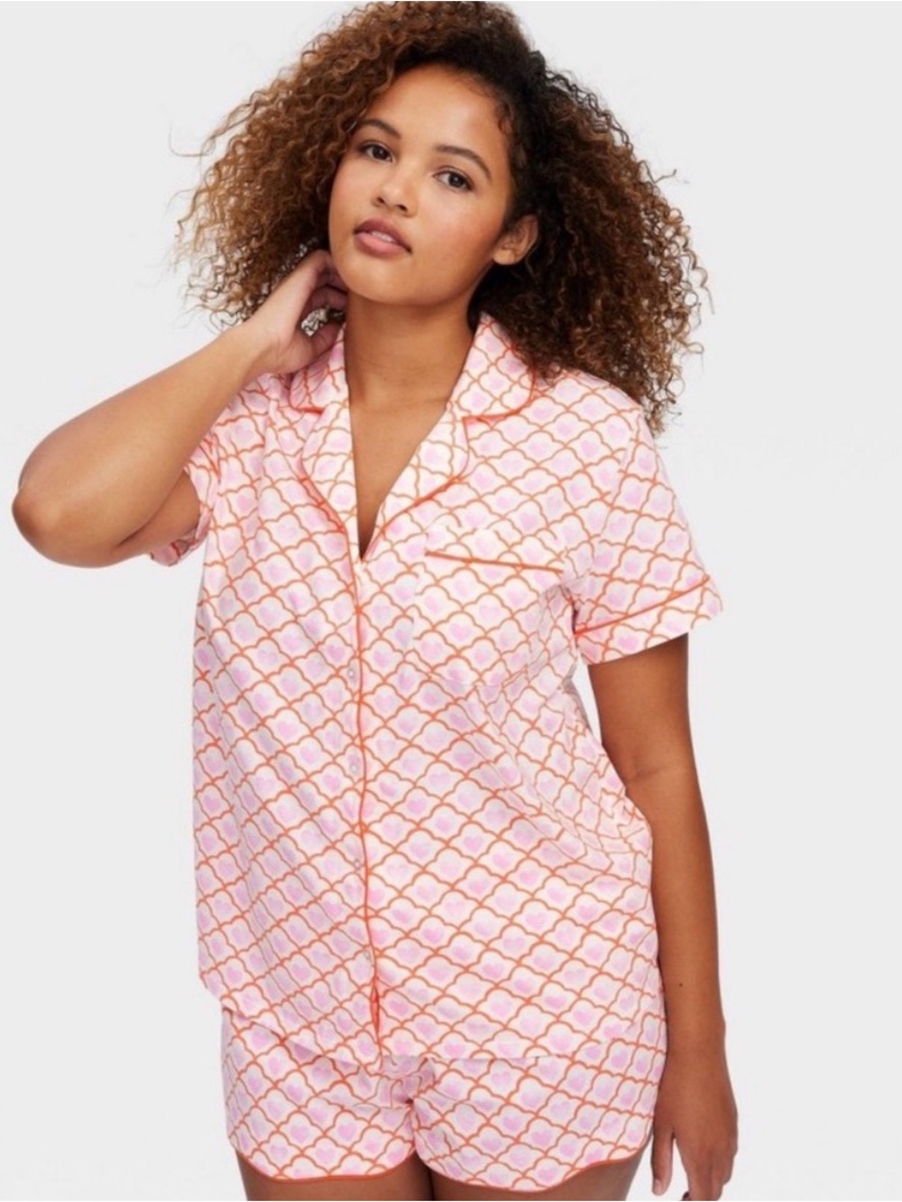 Printed Short-Sleeve Pajama Set - Pink Geo